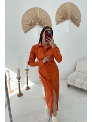 Oranj Boydan Düğmeli Deri Elbise S-Oranj