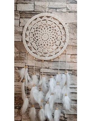 Düş Kapanı Makrome Dreamcatcher Ekru Kuş Tüyü Rüya Kapanı Duvar Süsü Elişi