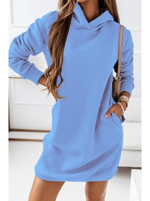Kadın Uzun Kollu Kapşonlu Kısa Iki Iplik Elbise Mavi-2xl-3xl