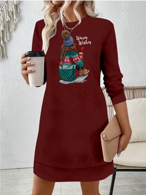 Kadın Uzun Kollu Bisiklet Yaka Desenli Viskon Iki Iplik Elbise 2xl-3xl-Bordo