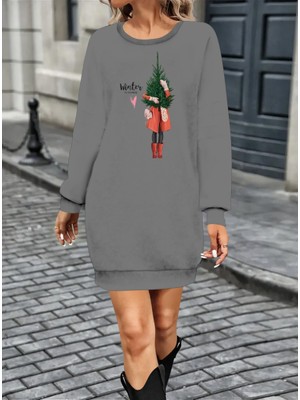 Kadın Uzun Kollu Bisiklet Yaka Desenli Kısa Viskon Iki Iplik Elbise 2xl-3xl-Gri