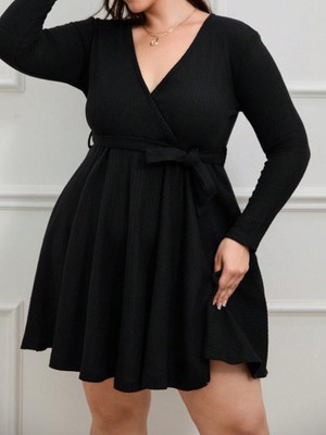 Kadın Uzun Kollu Kruvaze Yaka Kuşak Detay Salaş Şardonlu Kaşkorse Mini Elbise Xl-Siyah