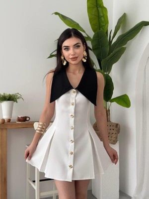 Ness Düğmeli Elbise M-Beyaz