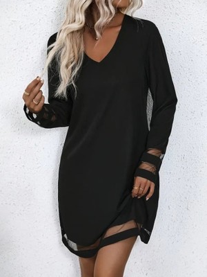 Kadın Uzun Kollu V Yakalı Şeritli Tül Detaylı Ithal Krep Elbise L-Xl-Siyah