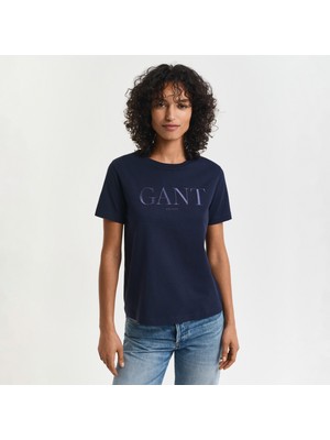 Gant Kadın Lacivert Regular Fit Bisiklet Yaka Logolu T-Shirt