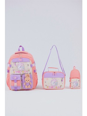 Sevimli Kedi Desenli 3'lü Kız Çocuk Okul Çantası Seti -Kalemlik ve Termal Beslenmeli Ilkokul Çantası