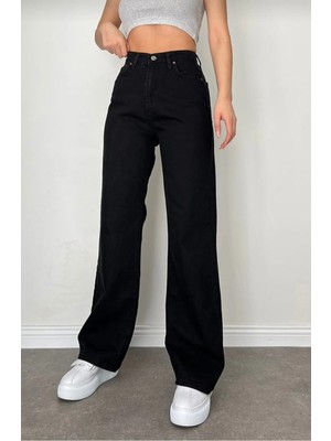 Lorda Giyim Elliy Simsiyah Likralı Süper Yüksek Bel Salaş Jeans Palazzo Pantolon (Süper Yüksek.) Wide Leg
