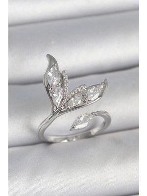 Pirinç Gümüş Renk Zirkon Taşlı Balık Kuyruğu Model Ayarlanabilir Kadın Yüzük