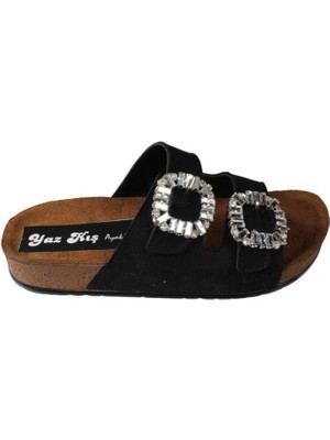 Yazkış Kadın Siyah Krem Çift Tokalı Tokası Parlak Taşlı Mantar Taban Terlik