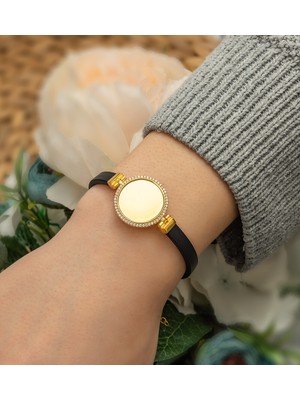 925 Ayar Gold 14K Renk Deri Bileklik Kişiye Özel Zirkon Taşlı Plaka Bileklik