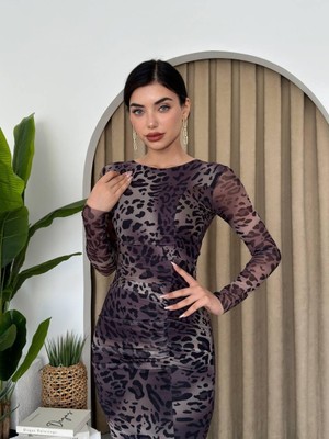 Gena Tül Midi Boy Elbise M-Leopar