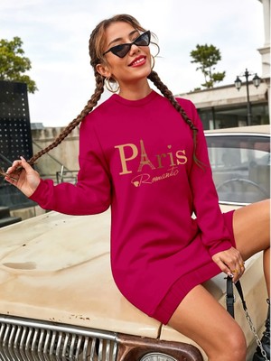 Kadın Uzun Kollu Bisiklet Yaka Yazılı Kısa Viskon Iki Iplik Elbise 2xl-3xl-Bordo