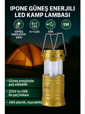 Ipone Güneş Enerjili LED Kamp Lambası | USB ve 220V Şarjlı | 6+1 LED | 9W Taşınabilir Işık