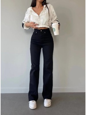 Siyah Bol Paca Palazzo Yüksek Bel Esnek Kadın Kot Pantolon Denim Lastiksiz 54243 Model