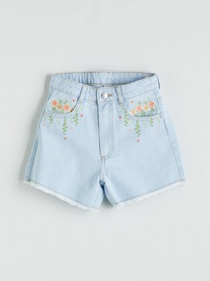 Çiçek Nakışlı Kız Çocuk Jean Şort  (S5)