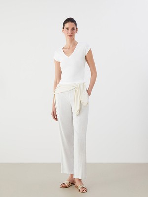 Lc Waikiki Yeni Sezon Cizgili Keten Karisimli Kadin Pileli Pantolon - S5R367Z8