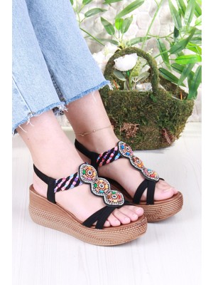 Kadın Fort 5015 Fendi Taşlı Boncuklu Dolgu Taban Sandelet 6 cm Yüksekliği ile Günlük Kullanım İçin