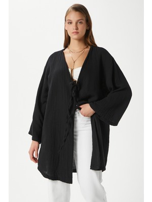 Kadın Sandra %100 Pamuk Müslin Bağcıklı Siyah Kimono