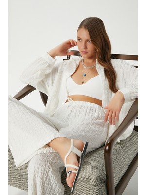 Kadın Ariana Gofre Bel Lastikli Beyaz Pantolon Gömlek Alt Üst Takım