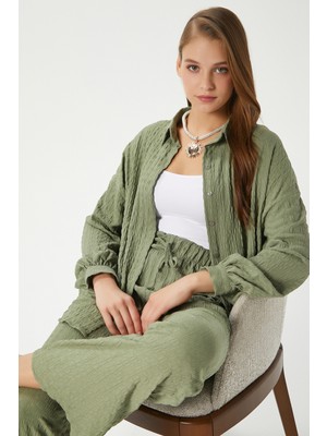 Kadın Ariana Gofre Bel Lastikli Çağla Pantolon Gömlek Alt Üst Takım