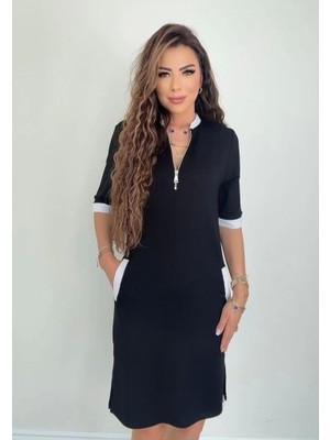 Fy Butik Kadın Kısa Kollu Yakadan Fermuarlı Cepli Yandan Yırtmaçlı Viskon Elbise