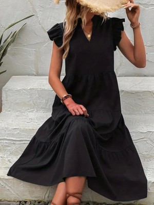 Fy Butik Kadın Kısa Kollu V Yakalı Geniş Kesim Uzun Trikoton Elbise