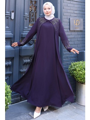 Boncuk ve Taşlı Büyük Beden Anne Elbisesi Mürdüm HM2769