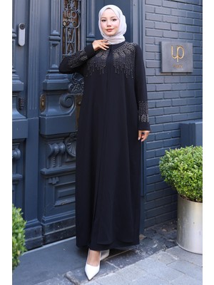 Boncuk ve Taşlı Büyük Beden Anne Elbisesi Siyah HM2769