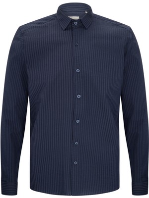 Lacivert Comfort Fit 100% Pamuk Slim Yaka Uzun Kollu Spor Gömlek