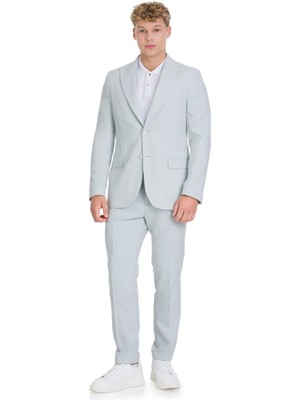 Mavi Slim Fit Sivri Yaka Keten Takım Elbise