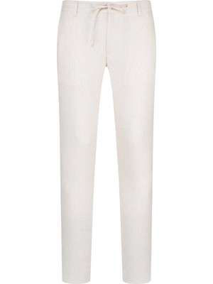 Bej Rahat Kesim Çizgili Yandan Cepli Keten Jogger Pantolon