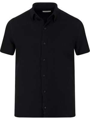 Siyah Comfort Fit 100% Pamuk Gizli Düğmeli Yaka Kısa Kollu Gömlek