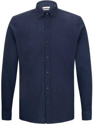 Lacivert Comfort Fit 100% Pamuk Düğmeli Yaka Uzun Kollu Casual Gömlek
