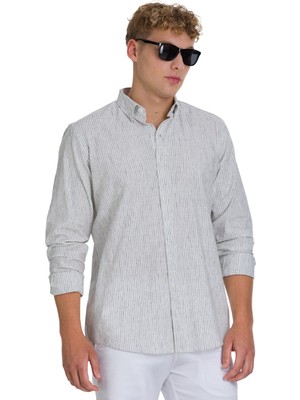 Gri Comfort Fit Çizgili Düğmeli Yaka Pamuk-Keten Uzun Kollu Gömlek