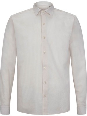 Ekru Comfort Fit 100% Pamuk Slim Yaka Uzun Kollu Spor Gömlek