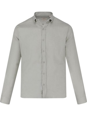 Yeşil Comfort Fit 100% Keten Düğmeli Yaka Uzun Kollu Keten Gömlek
