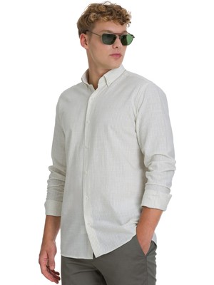 Haki Comfort Fit Çizgili Düğmeli Yaka Pamuk-Keten Uzun Kollu Gömlek