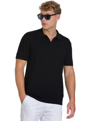 Siyah Regular Fit Polo Yaka Rayon Tişört