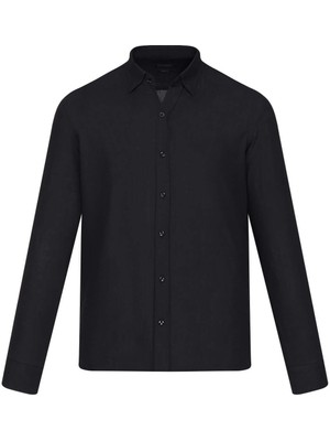 Siyah Comfort Fit 100% Pamuk Düğmeli Yaka Uzun Kollu Casual Gömlek