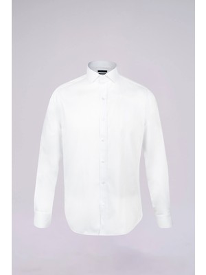 Beyaz Slim Fit Uzun Kollu Açık Italyan Yaka Saten Gömlek