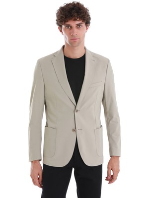 Bej Slim Fit Çizgili Mono Yaka Casual Ceket