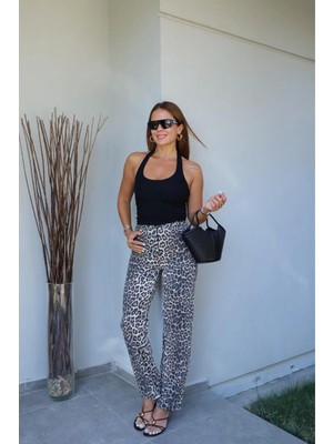 Ekru Leopar Desen Pantolon