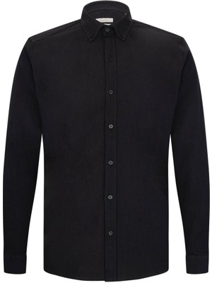 Siyah Comfort Fit 100% Pamuk Düğmeli Yaka Uzun Kollu Casual Gömlek