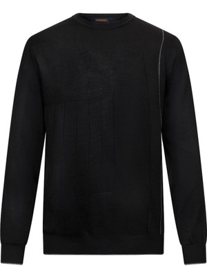 Siyah Regular Fit Jakarlı Bisiklet Yaka Yünlü Triko Kazak