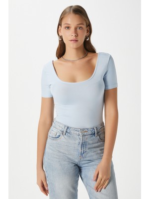 Kadın Favor Lux Touch Yumuşak Doku U Yaka Mavi Bluz