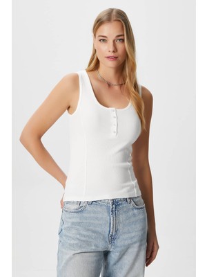 Ritnice Kadın Jayla Korse Görünümlü Düğmeli Fitilli Kolsuz Ekru Bluz
