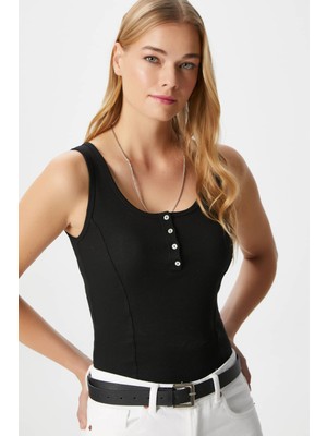 Ritnice Kadın Jayla Korse Görünümlü Düğmeli Fitilli Kolsuz Siyah Bluz