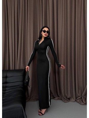 Passense Şerit Detaylı Uzun Elbise