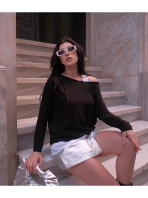 Passense Kadın Uzun Kollu Tek Omuzu Açık Salaş Çilek Iç Atlet Viskon Bluz