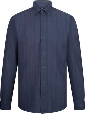 Lacivert Comfort Fit Düğmeli Yaka Uzun Kollu Pamuklu Gömlek